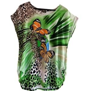 Paris Pink XL Butterfly Leopard Print Rhinestone Embellished Top Tunic Y2K Bling